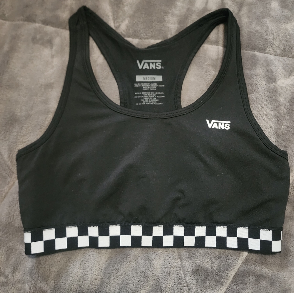 Black Racerback Sports Bra with Checkered Design and Medium Support